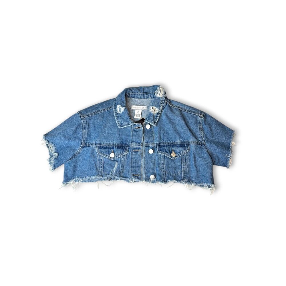 Crave Fame Denim Crop Jacket Distressed Hem Lace-Up Back Size Small
